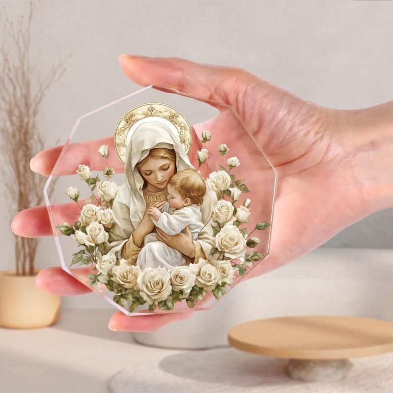 Decoração de Mesa de Acrílico Contemporânea 2D Plana da Virgem Maria e Menino Jesus, Aura Dourada e Rosas Brancas, Adequado para decoração de parede, varanda, quarto, villa,