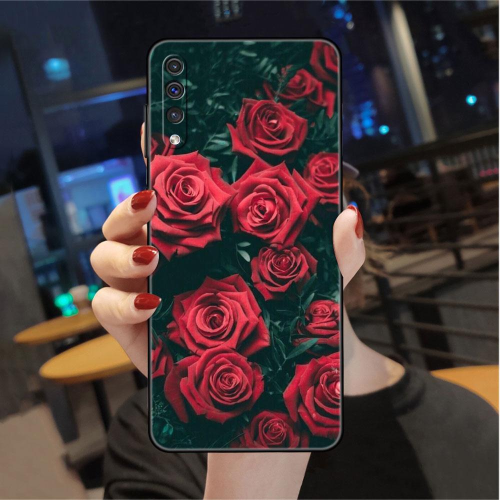 Case For Samsung Galaxy A50 A70 A30 A20s A20e A10 A40 A10s A10e M52 M51 M31 M30s M21 Black Phone Cover Bright Red Rose Flowers