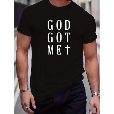 European Sizes Men'S Plus Size Casual T-Shirt, "God Got Me" Print, Crew Neck, Short Sleeves, Medium Stretch, Regular Fit