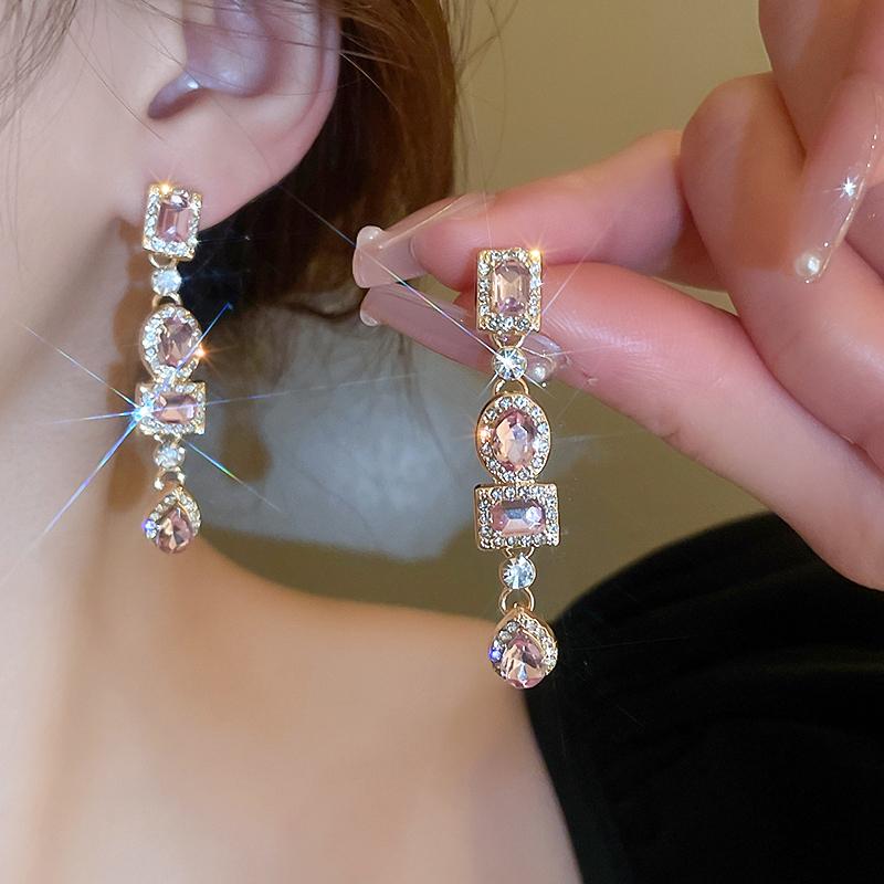 Shiny Colorful Rhinestone Long Tassel Earrings Women Fashion Geometric Square Drop Dangle Earrings Party Wedding Jewelry Gift K0