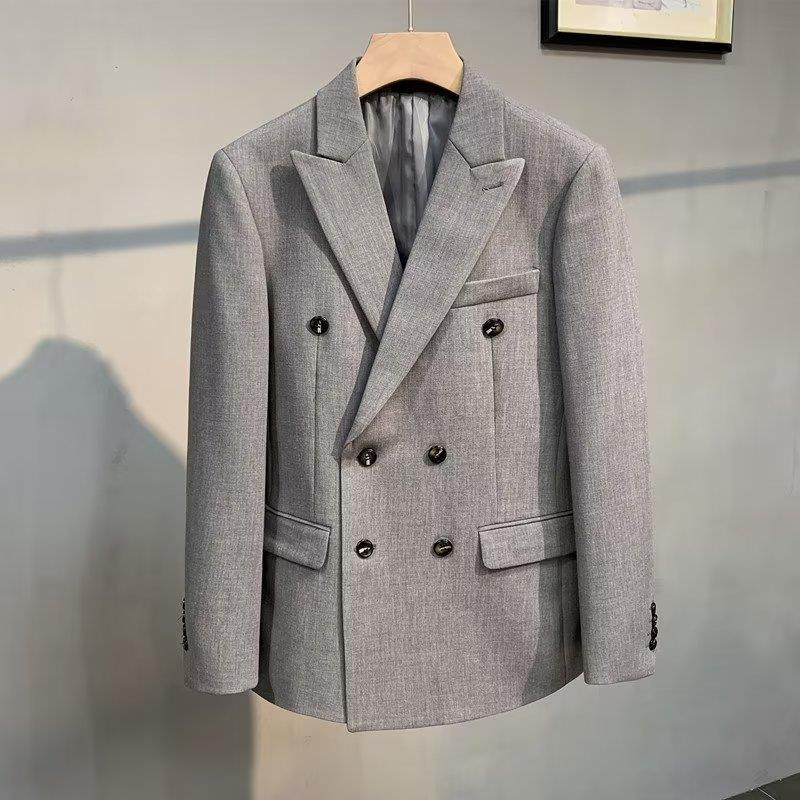 

Корейский мужской осенний блейзер приталенного кроя: Двубортный пиджак для делового кэжуала 3XL светло-серый