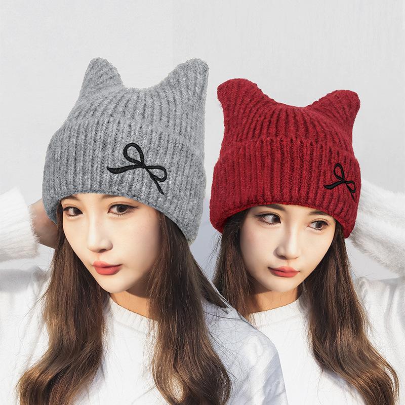 Winter Bow Cat Ear Knitted Wool Hat Women's Warm Ear Protection Hat