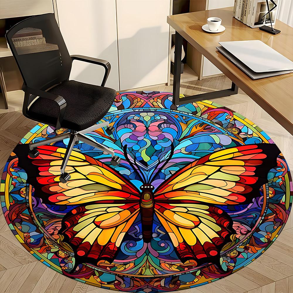 1PCButterfly StainedGlass Office Round Area Rug,  Mat Suitable For Office, Under Office Chairs Bedroom Living Room Home Decor, Room Deco