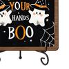 Autumn Festive Decor Halloween Wooden Table Sign, Cute Ghost Boo Plaque Sign with Rustic Fall Bathroom Metal Stand for Indoor Desk Shelf Home