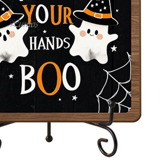Autumn Festive Decor Halloween Wooden Table Sign, Cute Ghost Boo Plaque Sign with Rustic Fall Bathroom Metal Stand for Indoor Desk Shelf Home