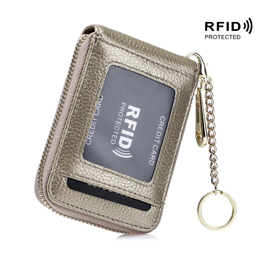 Exquisite RFID Genuine Leather Accordion Card Holder for Women and Men with Keychain