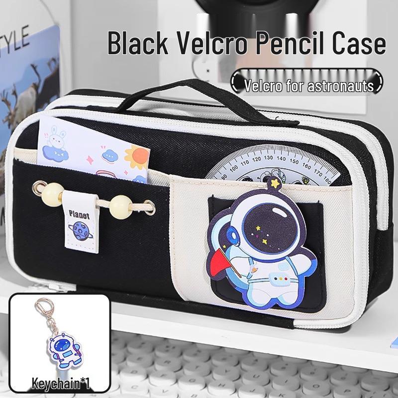 Send Astronaut Velcro! Boys' Black Dirt-Resistant Pencil Case, Hand-Carry, Large Capacity, New 2025 Style.
