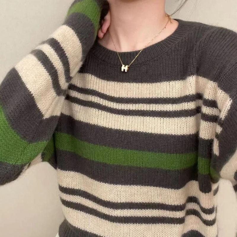 Koreanischer Herbst Neue Pullover Damen O-Ausschnitt Gestreift Kontrastfarbe Mode Lässig Locker Langarm Stricktops