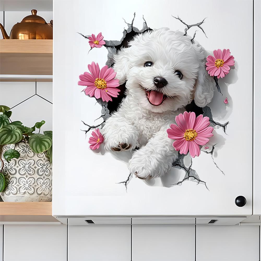 Lovely Dog & Floral Pattern Wall Decals Self-Adhesive Sticker for Living Room Bedroom Entryway Decor