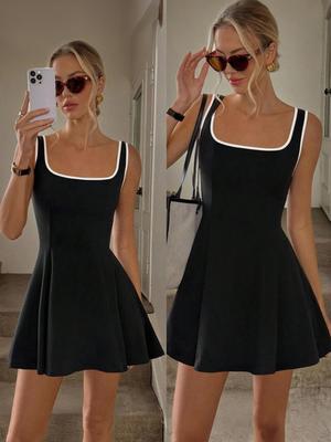 2026 European & American Style Sleeveless Square Neck A-line Dress - Sporty, Flattering, Color Block Design