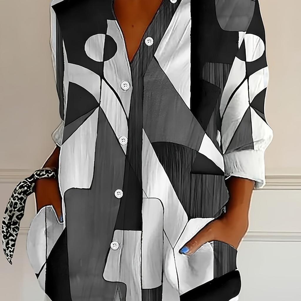 Women's Large Size Loose Printed Long Sleeve Button-Down Shirt - Lapel Casual Top for Spring and Autumn