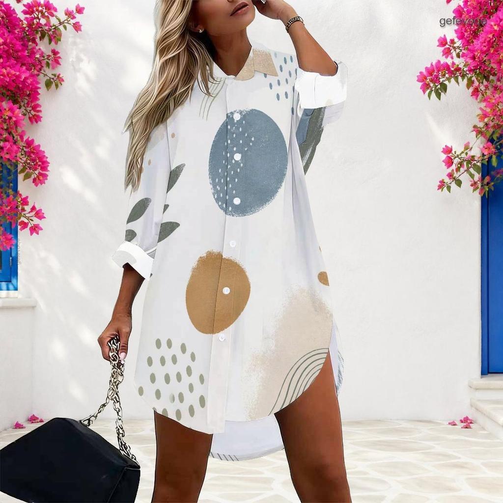 Women Plus Size Collared Long Sleeve Printed Button Front Curved Hem Shirt Dress