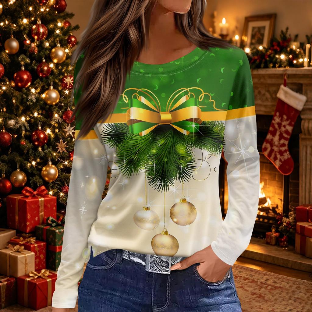 Women's Casual Christmas Tree Print Neck Long Sleeve Top with Side Slit Hem for Holiday
