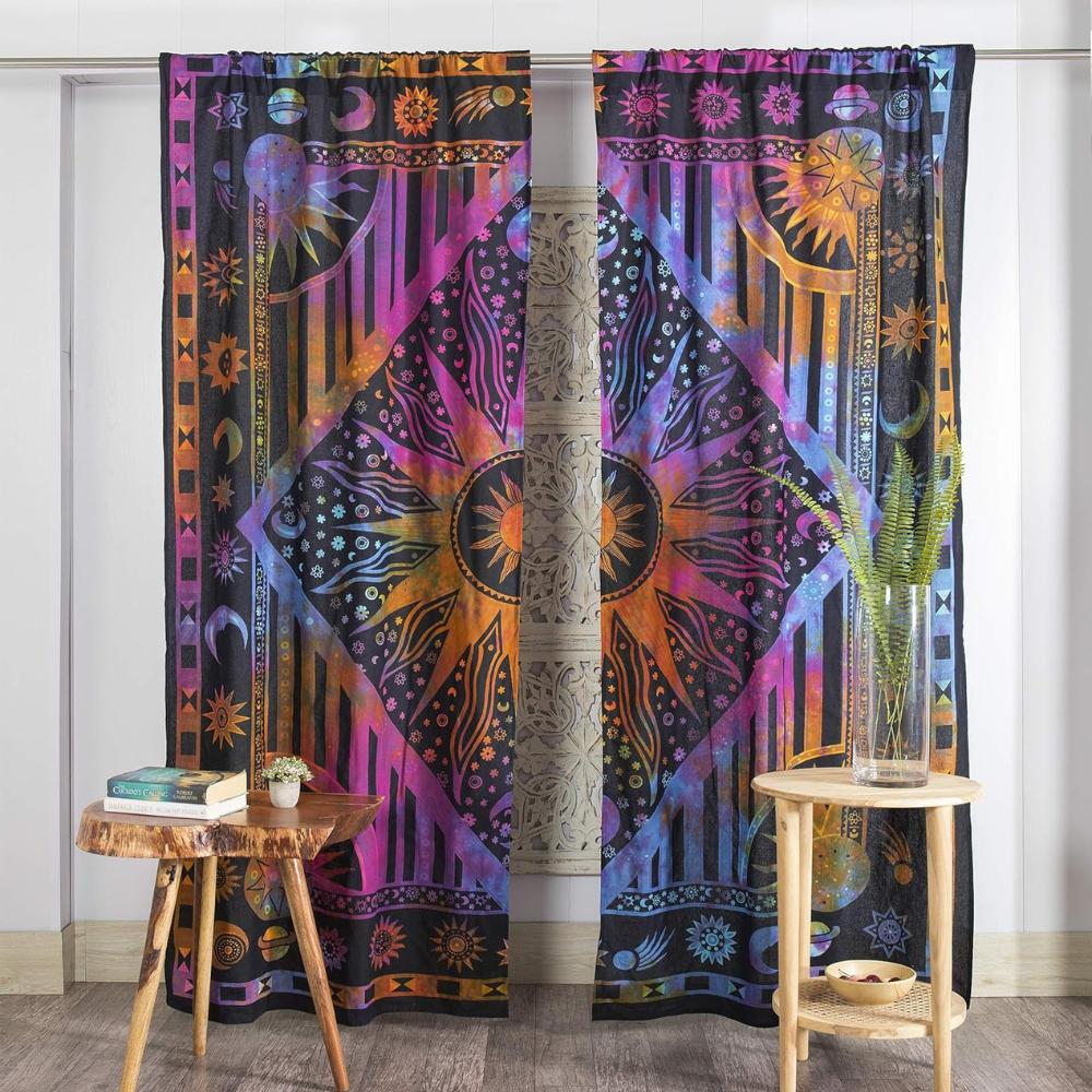 

Bless International Beautiful Indian Bohemian Psychedelic Hippie Burning Sun Window Curtain Panels for Bedroom, Living, Balcony (Purple Tie Dye) 25 W x 74 L (Pack of 2)