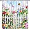 Flower Butterfly Shower Curtain Spring Garden Rustic Watercolor Floral Fence Farmhouse Peony Rose Flowers Fantasy Women Nature