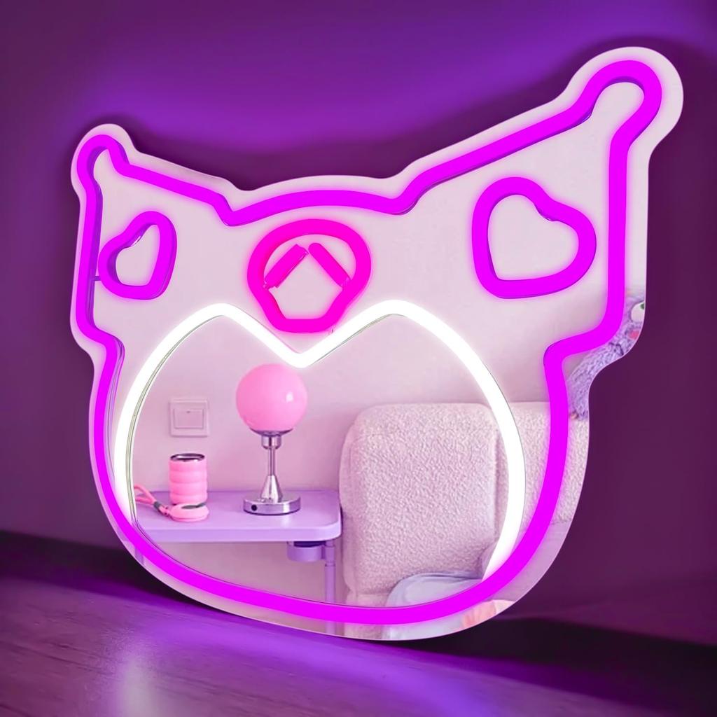 Anime Mirror Neon Sign Dimmable Led Neon Mirror Sign for Dresser Room Decor Anime Wall Mirror Neon Light Up Acrylic Mirror Bedroom Wall Locker Room