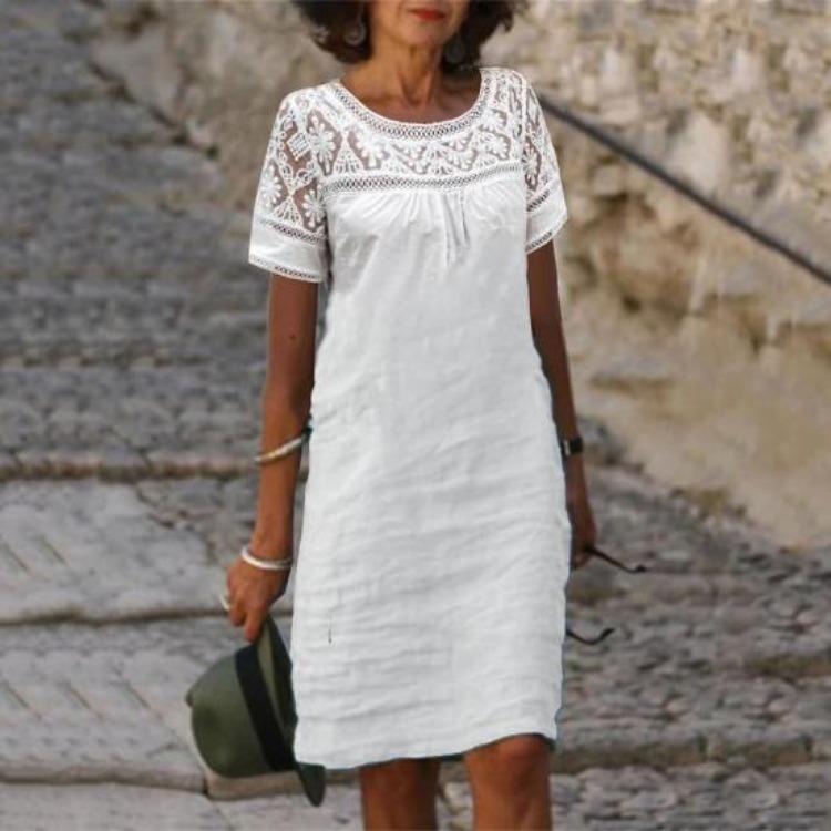 Summer Women Casual Loose Cotton Linen Mini Dress Short Sleeve Round Neck Lace Sundress Beach Short Dresses