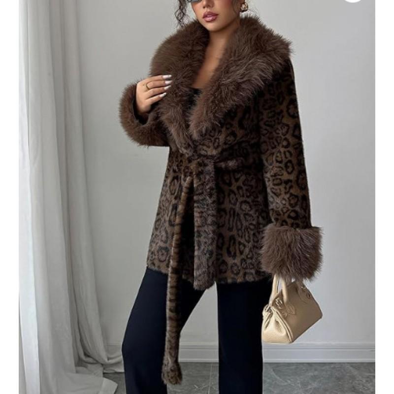 Cappotto Lungo in Finta Pelliccia di Vison con Stampa Leopardo e Collo Oversize in Pelliccia di Volpe Vestibilità Aderente Capospalla Invernale da Donna