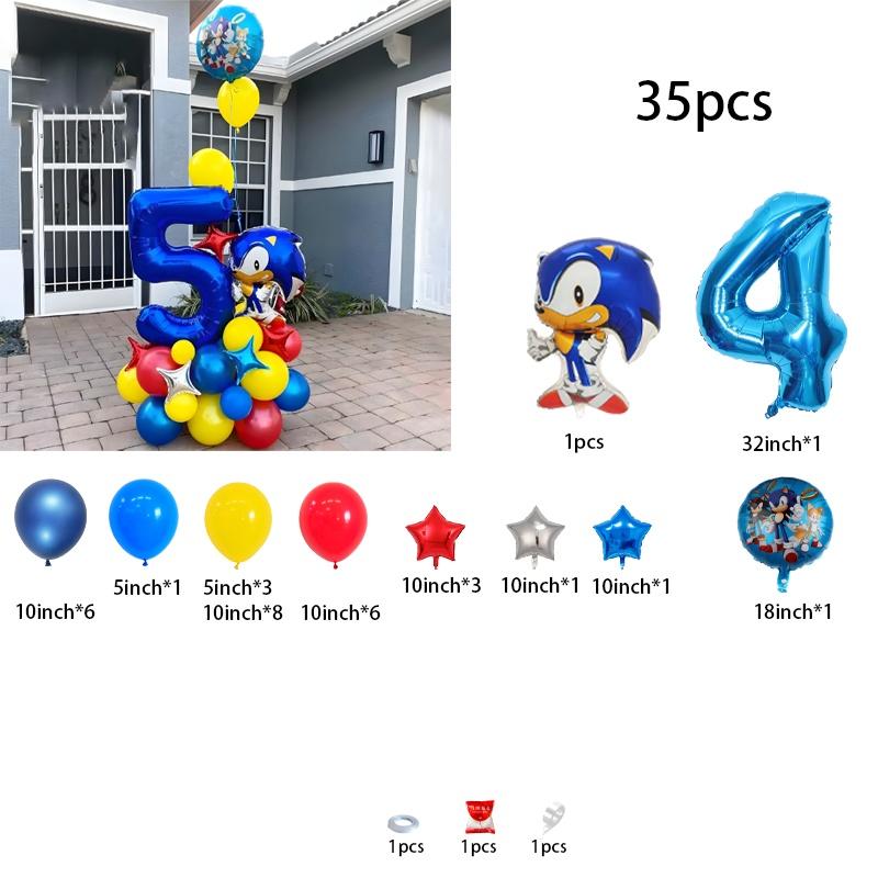 35-Piece Sonic the Hedgehog Cartoon Character Boys’ Balloon Kit – Number Combo Foil Balloons for Birthday Party, Baby Gift