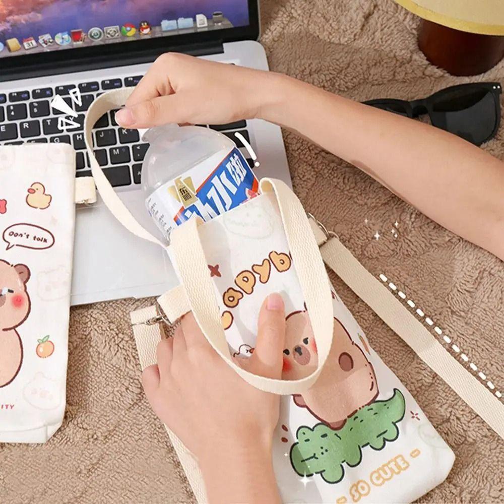 Reusable Cartoon Water Cup Carrier Bag Adjustable Canvas Bottle Protective Covers Makeup