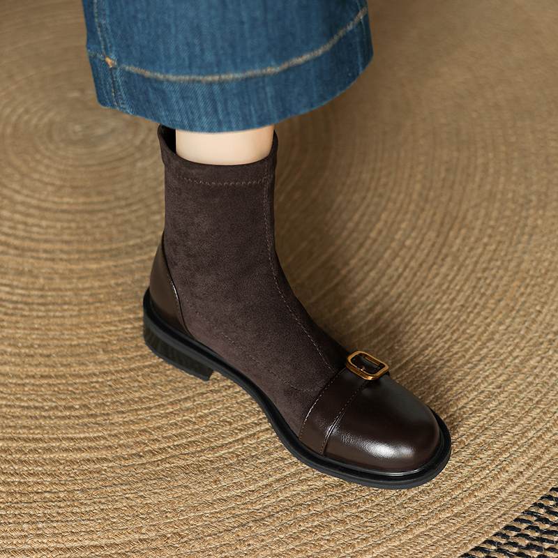 Krazing Po Microfiber Flock Winter Round Toe Size 33 Chelsea Boots Size 43 Zipper Metal Buckle Low Heels Ankle Boots