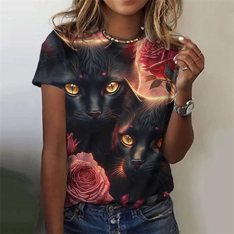 Cat pattern women's T-shirt animal 3D printing T-shirt summer casual round neck short sleeved T-shirt top Harajuku women's clothing