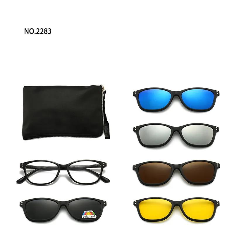 6 In 1 Spectacle Frame Men Women With 5 Pcs Clip On Polarized Sunglasses Magnetic Glasses Male Computer Optical 2201