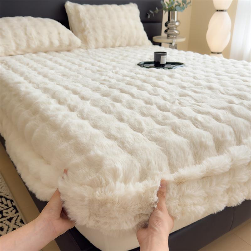 Luxury Faux Rabbit Plush Fitted Sheet with Deep Pocket Winter Thicken Warm Mattress Protector Soft Fluffy Double Mattress Cover