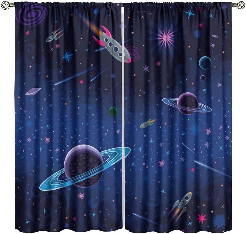 Kids Outer Space Curta, Universe Themed Earth Moon Rockets Stars Window Drapes, For Boys Girls Room Bedroom Living Room