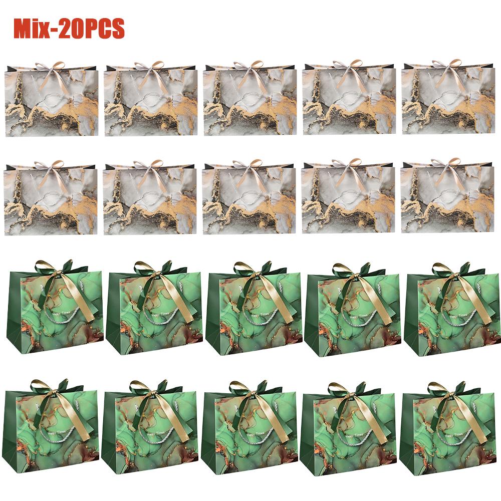 1-20PCS Marble Gift Bags with Ribbon Fashion Tote Paper Bags Clothing Shopping Bags Candy Bags Party Gift Packaging Supplies