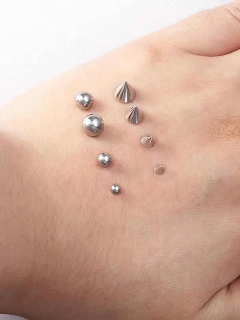 16pcs Mixed Ball & Cone Shape Fake Body Piercing Stickers, Stainless Steel No Need Drilling Nose Ring, Lip Stud