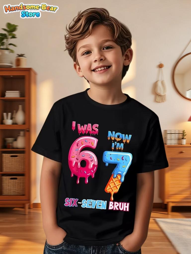 67 Meme T-Shirt for Kids 6-7 Years Old Birthday Party Gifts Summer Short Sleeve Tees Crew Neck Graphic Y2k Children's Clothing
