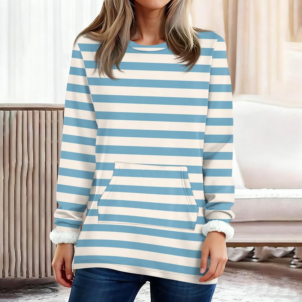 Women's Fashionable Printed Round Neck Long Sleeved Plush Warm Pullover Top