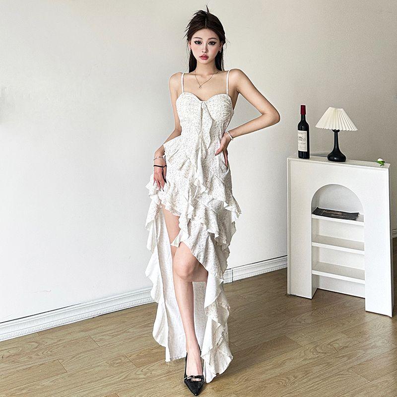 

Women s Clothing Fashion Vacation Style Irregular Spaghetti-Strap Dress White L