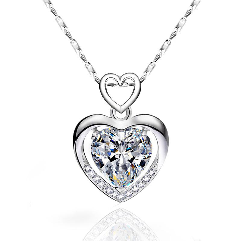 Heart-Shaped Pendant 925 Sterling Silver Necklace - Korean Style Clavicle Chain Christmas Gift