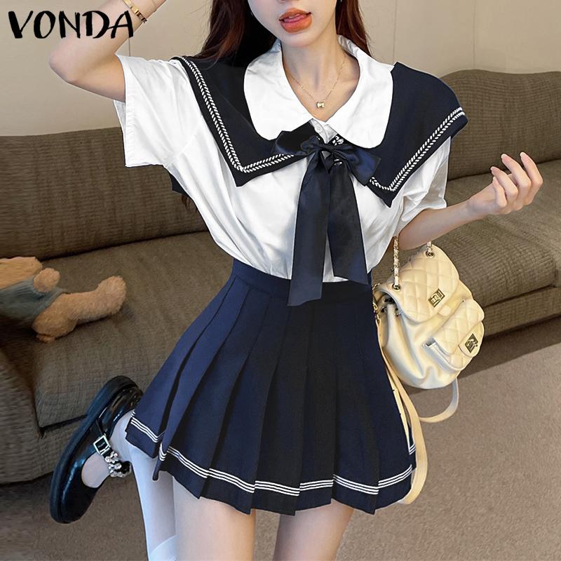 VONDA Two Pieces Women Summer Naval Collar Short Sleeve Preppy Style Tops and Mini Pleated Skirts Sets