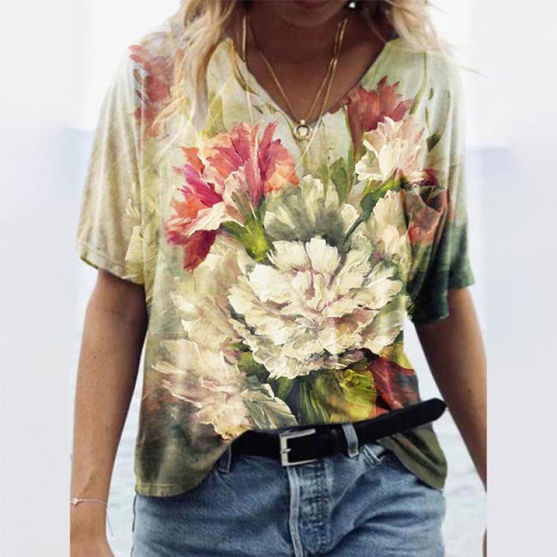 Women's T-shirts Summer Gradient Graphics Tops V-Neck Fashion Female Vintage Clothing Floral Print Tees Loose Oversized T-Shirts