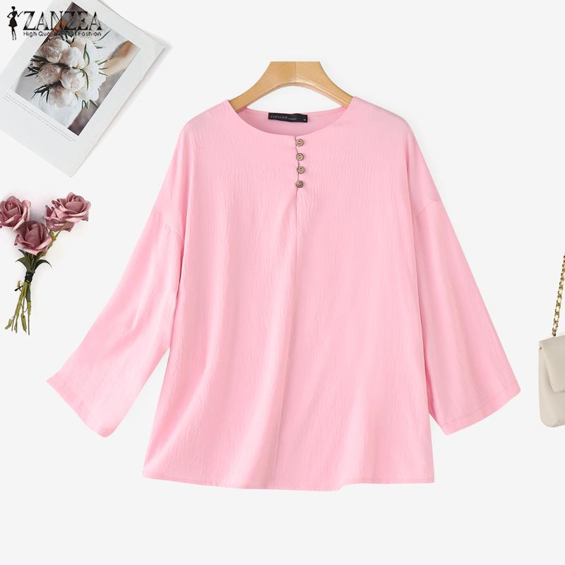 ZANZEA Blusa Casual de Mujer de Cuello Redondo Suelta de Manga 3/4 Lisa