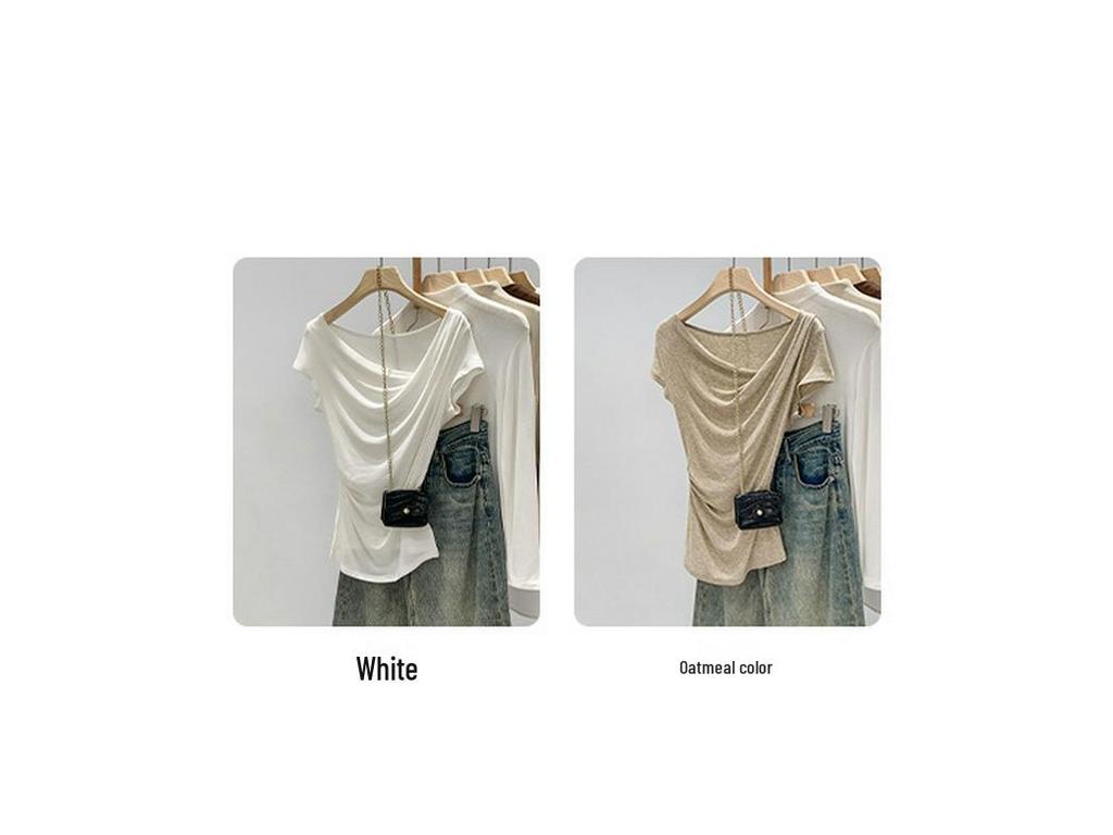 Korean Style Lyocell Tencel Wool Asymmetrical Shoulder Short Sleeve T-Shirt Summer 2026 Temperament Top