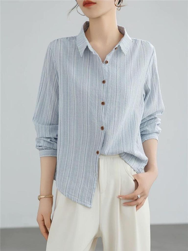 Korean Style Elegant Vertical Stripe Women's Long Sleeve Cardigan - Casual, Loose Fit, Sun Protection Layering Shirt for Spring and Summer