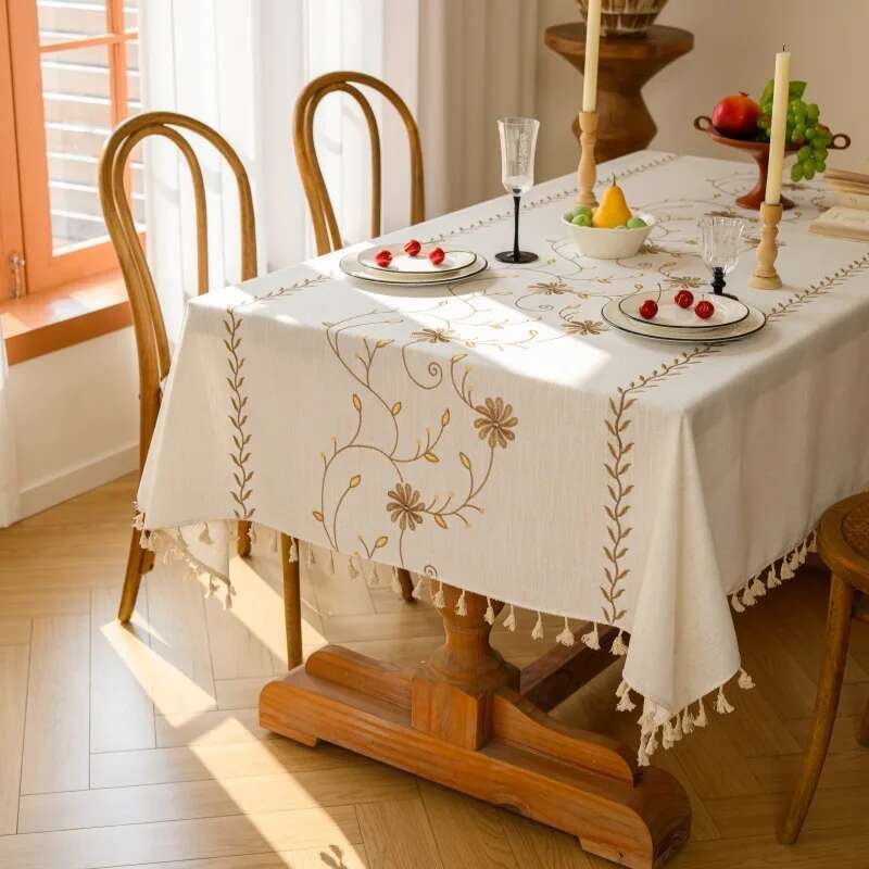 Nordic Cotton Linen Fabric Tablecloth Embroidered Dining Table Cloth Waterproof and Oil Proof Tea Table Cloth Rectangular Tassel