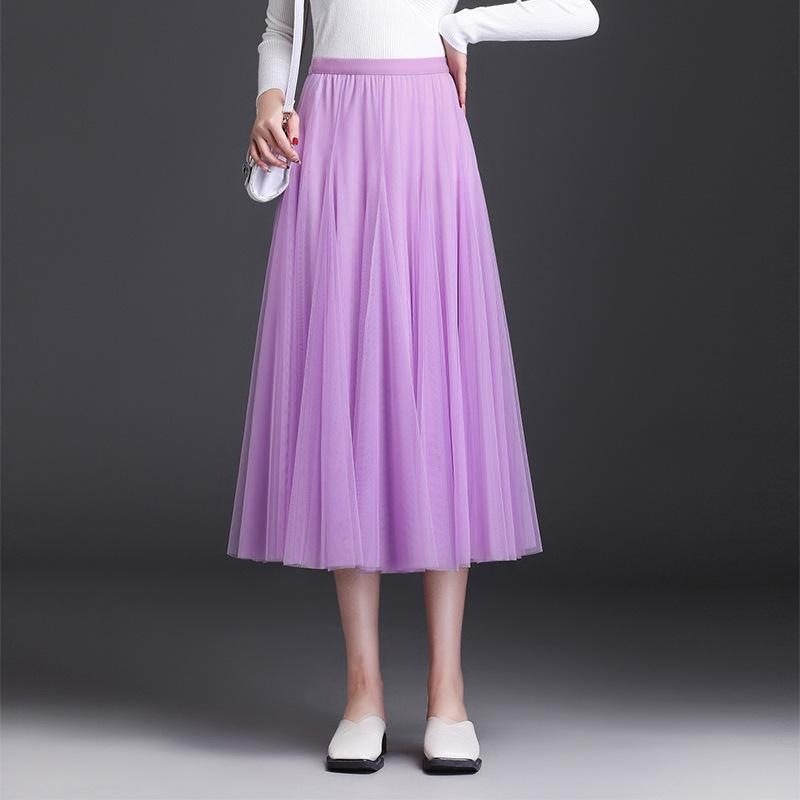 Korean High-Waist Mid-Length Tulle A-Line Skirt - Spring/Summer Pleated Mesh Design