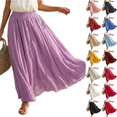 Women Casual Holiday Solid A Line Skirt Cotton Linen Long Skirt Relaxed Fit Elastic Waist Lightweight Flowing Hem Design