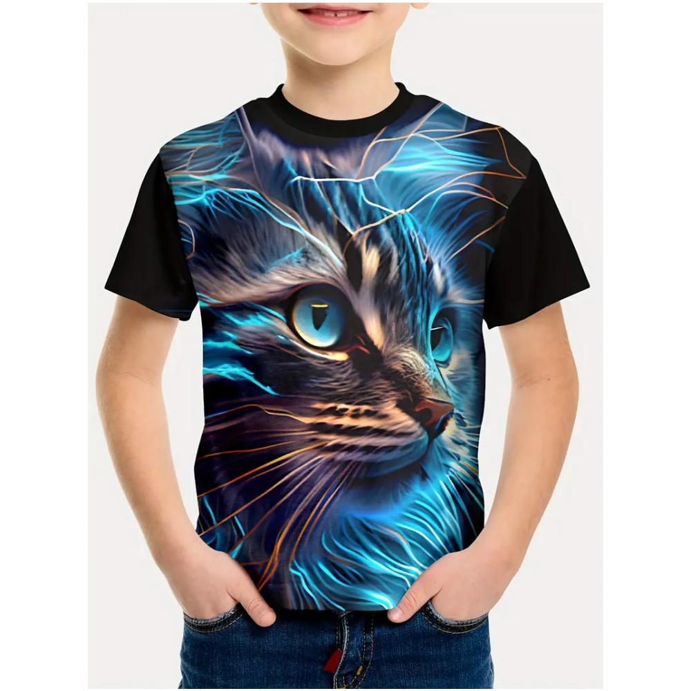 Kids Clothes Summer Short Sleeves Tops 3D Print Cool Cat Graphic T Shirts Outdoor Fashion Street Style Children's Boy's Clothing
