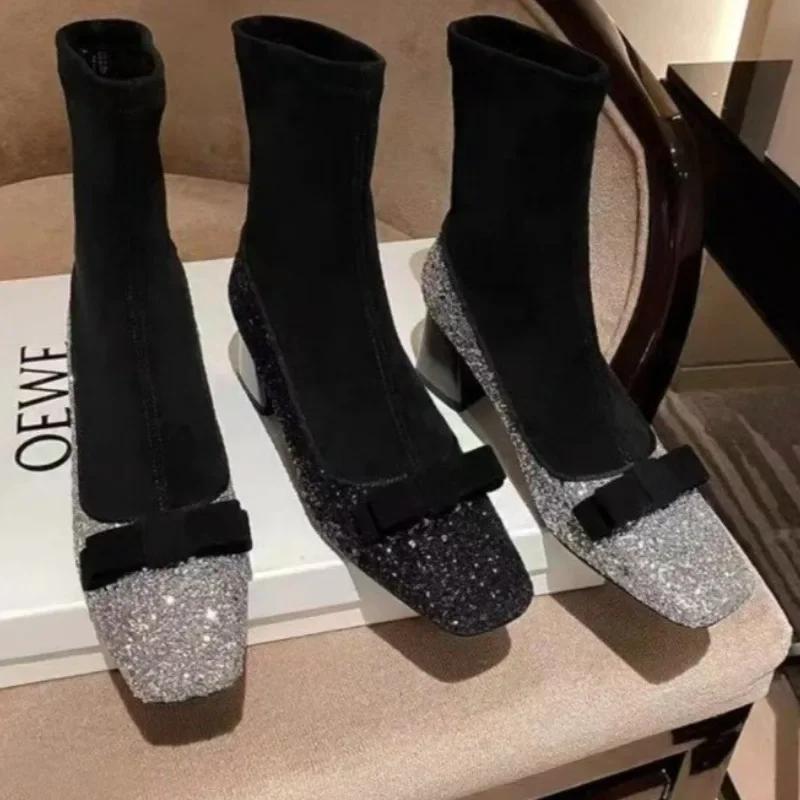 Fashion Shoes Female 2024 Fashion Sleeve Women's Boots Autumn Winter Square Toe Sequins Solid Short Barrel Chunky Heels Stretch Boots