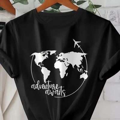 Casual Crew Neck Short Sleeve Top Perfect for Spring Travel-Inspired Chic Global Map & Letter Print T-Shirt for Women