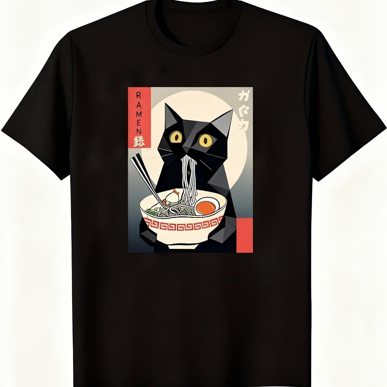 Кошка Рамен Ест Лапшу Японская Гравюра Укиё-э Графическая Футболка Мужская Повседневная Хлопковая Футболка с Коротким Рукавом S