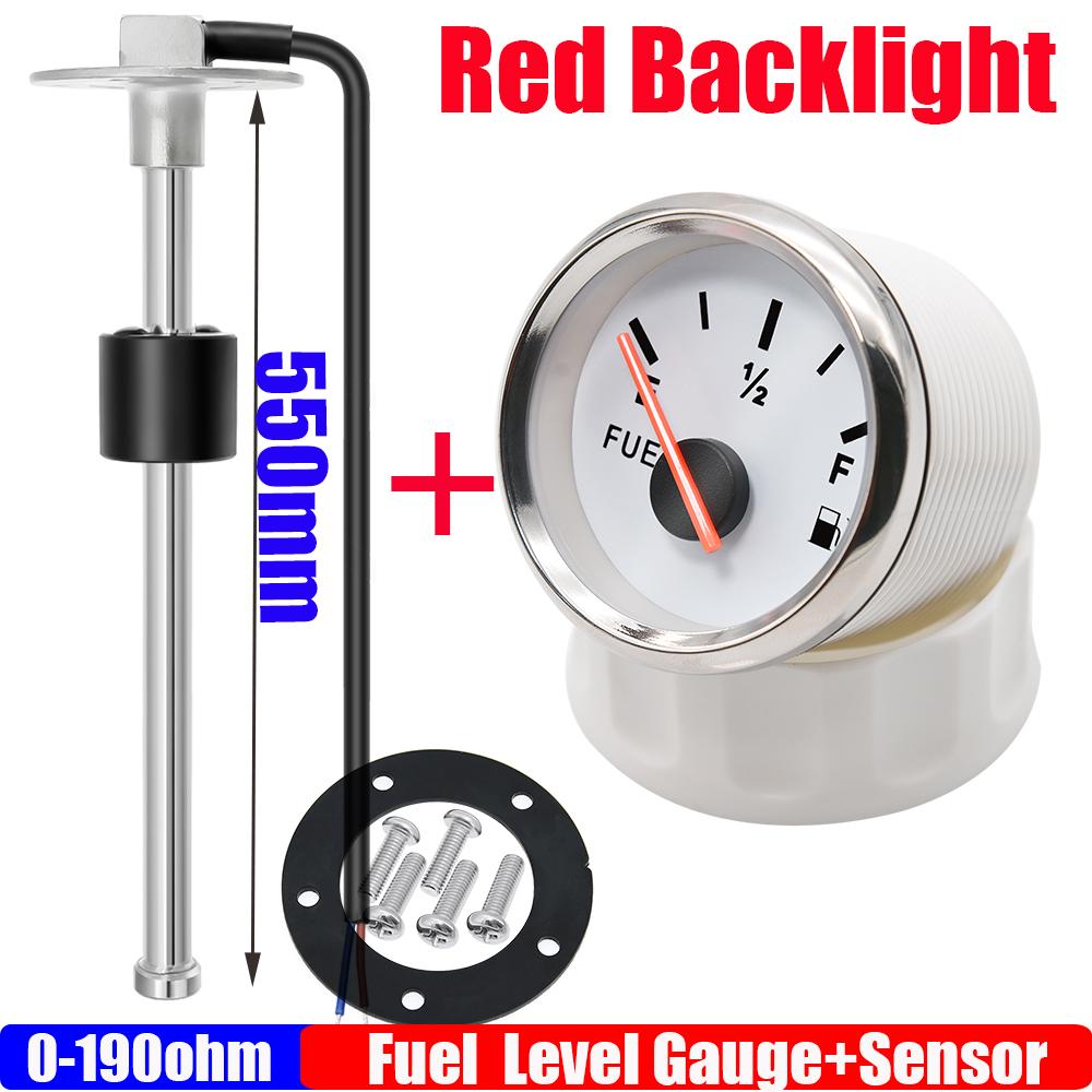 304 Stainless Steel Fuel Level Sensor 100-550mm for 0-190 OHM 52mm Fuel Level Gauge Red Backlight for Marine Car Boat 12V 24V