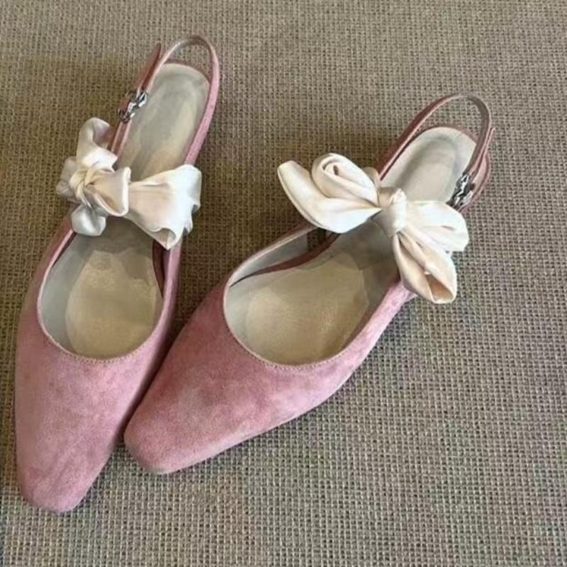 Bowknot Closed Toe Sandals Low Heel Summer Square Toe Shallow Mouth Temperament Flat Shoes Versatile No Tired Feet Single Shoes