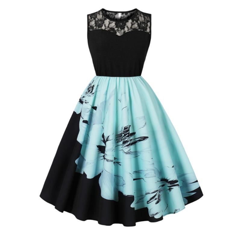 Halloween New Retro Dress Lace Crew Neck Sleeveless Patchwork Pendulum Dress
